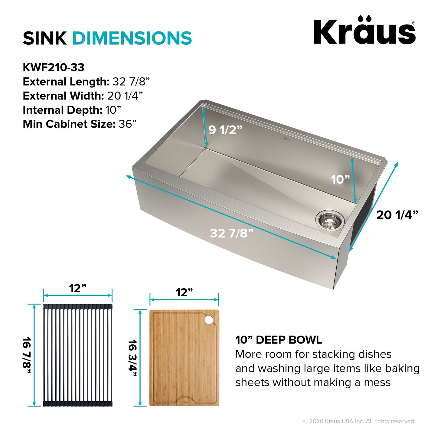 KRAUS Kore 33" 16 Gauge Farmhouse Workstation Kitchen Sink - KWF210-33