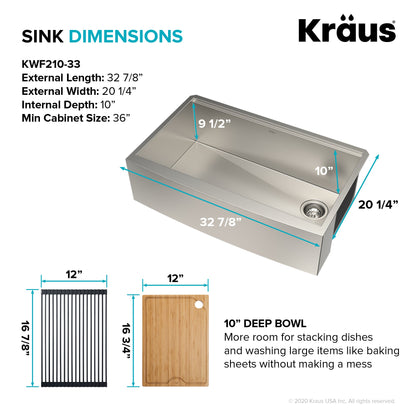 KRAUS Kore 33" 16 Gauge Farmhouse Workstation Kitchen Sink - KWF210-33