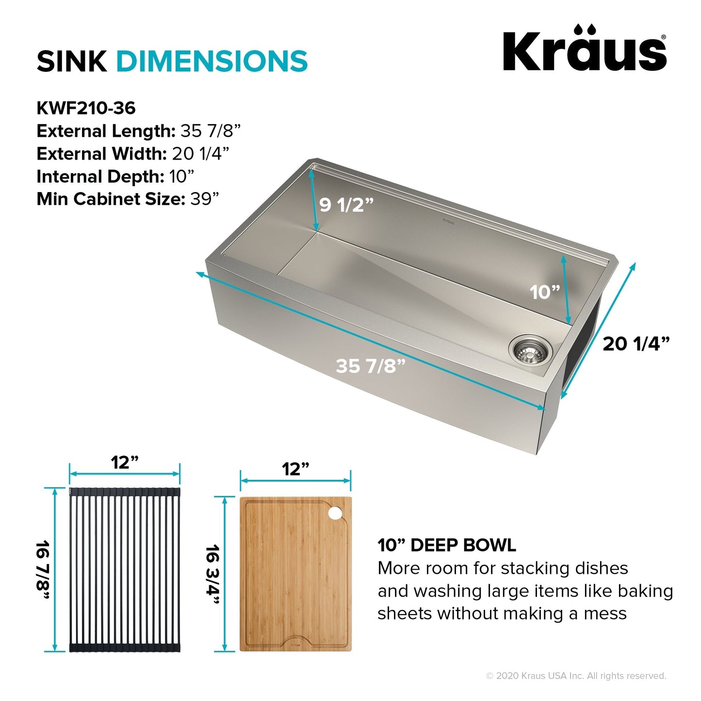 KRAUS Kore 36" 16 Gauge Stainless Steel Farmhouse Workstation Kitchen Sink - KWF210-36