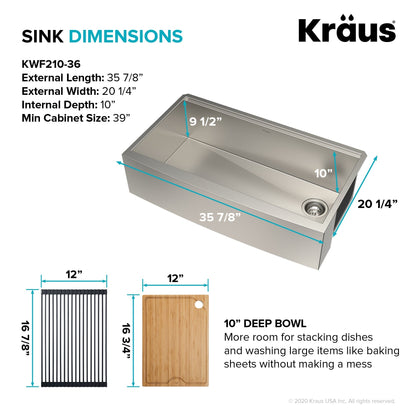 KRAUS Kore 36" 16 Gauge Stainless Steel Farmhouse Workstation Kitchen Sink - KWF210-36