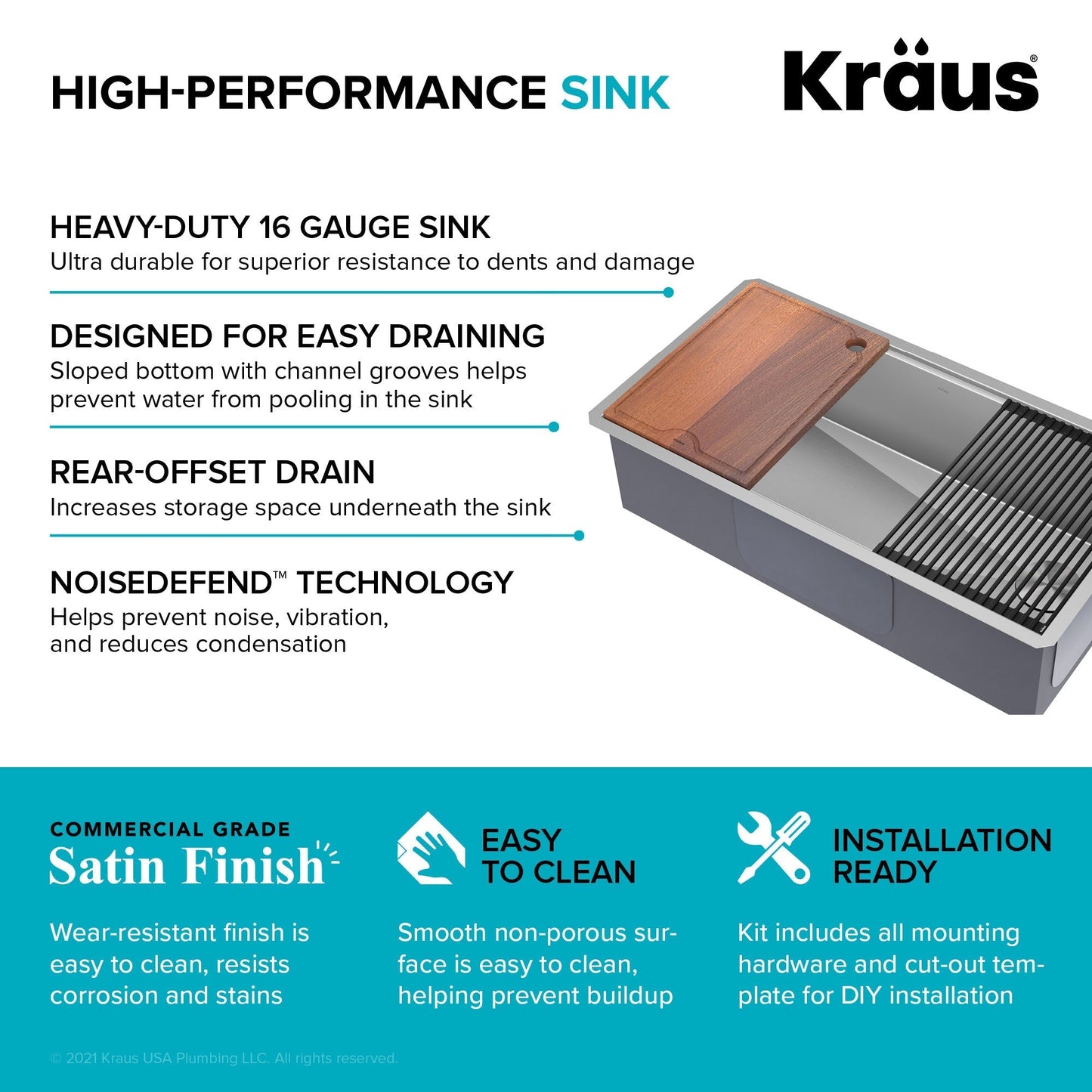 KRAUS Kore 36" Undermount Workstation 16 Gauge Stainless Steel Single Bowl Kitchen Sink with Accessories - KWU110-36