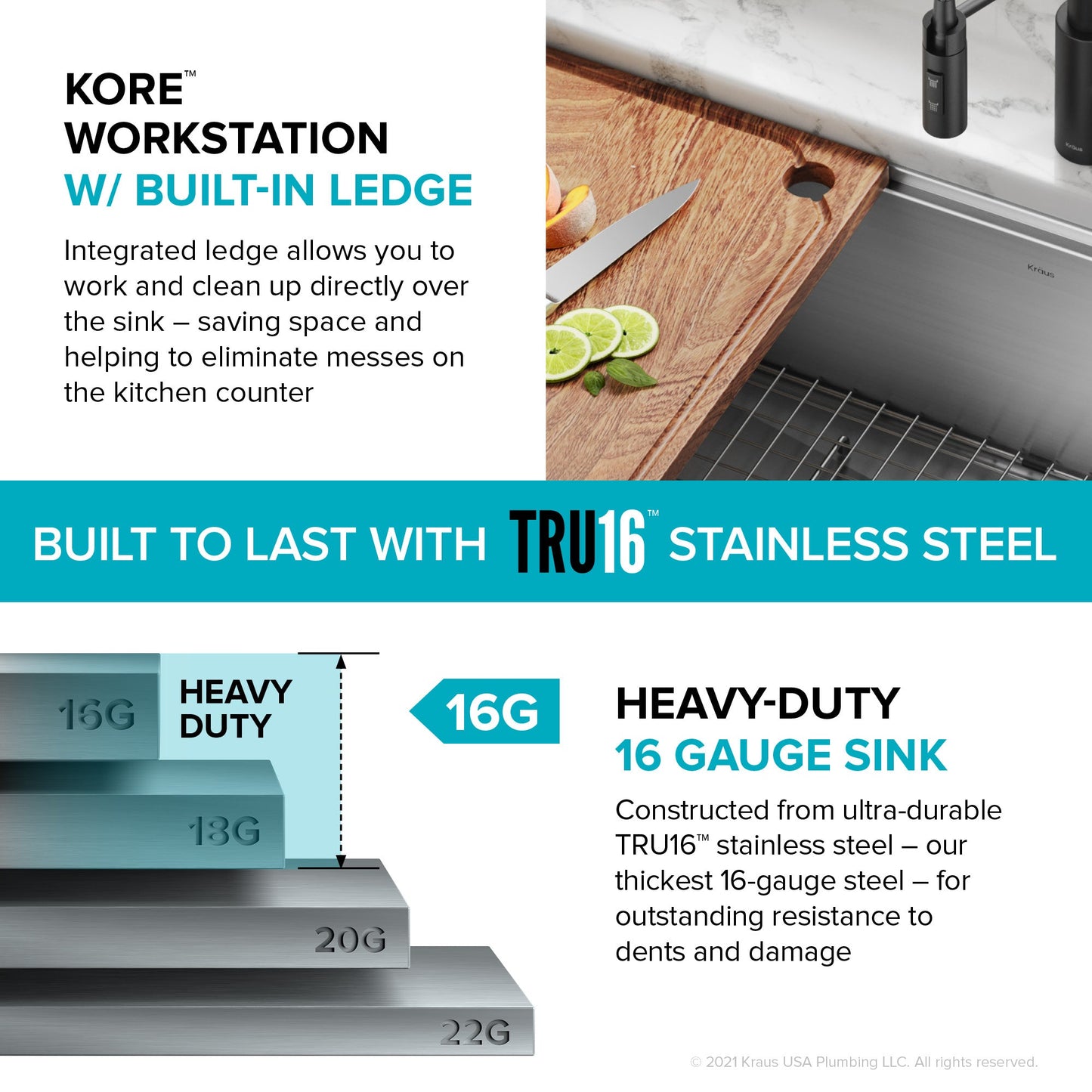 KRAUS Kore 36" Undermount Workstation 16 Gauge Stainless Steel Single Bowl Kitchen Sink with Accessories - KWU110-36