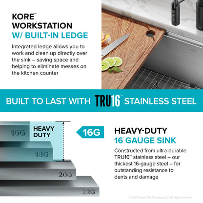 KRAUS Kore 36" Undermount Workstation 16 Gauge Stainless Steel Single Bowl Kitchen Sink with Accessories - KWU110-36