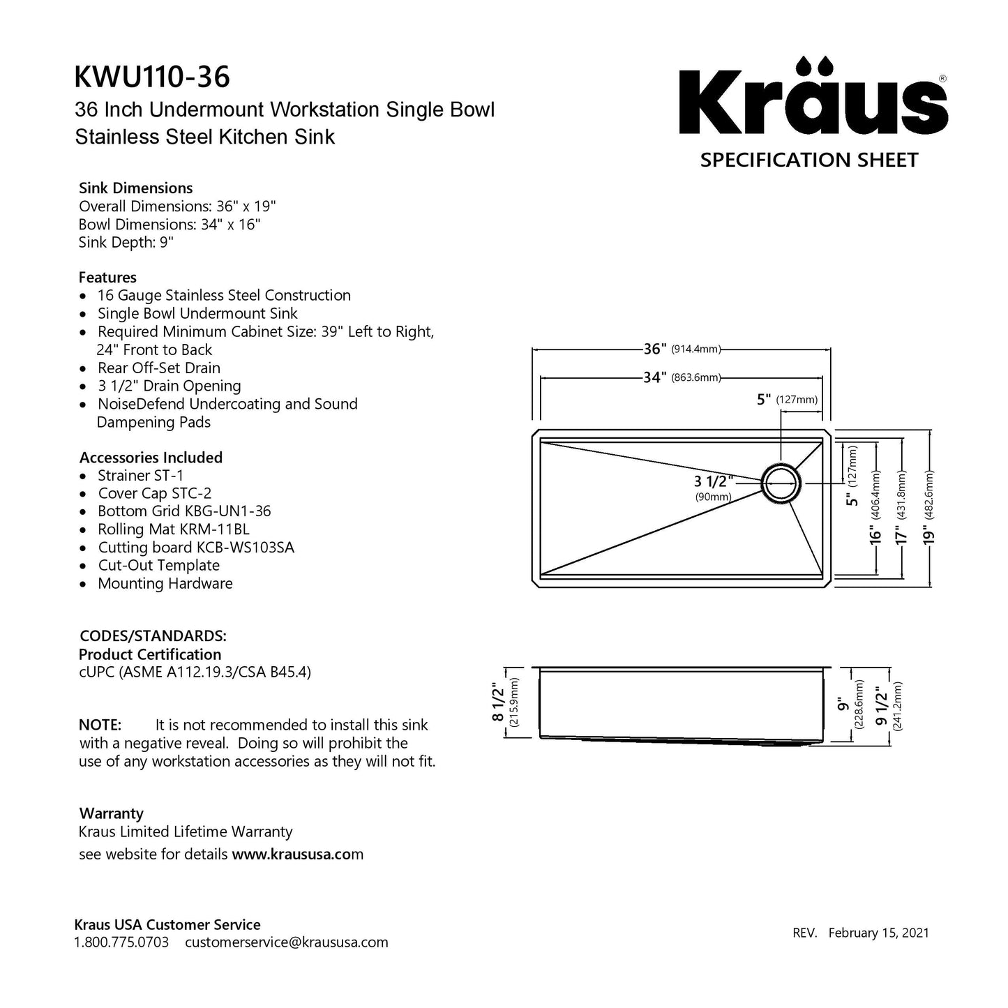KRAUS Kore 36" Undermount Workstation 16 Gauge Stainless Steel Single Bowl Kitchen Sink with Accessories - KWU110-36
