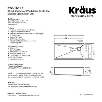 KRAUS Kore 36" Undermount Workstation 16 Gauge Stainless Steel Single Bowl Kitchen Sink with Accessories - KWU110-36