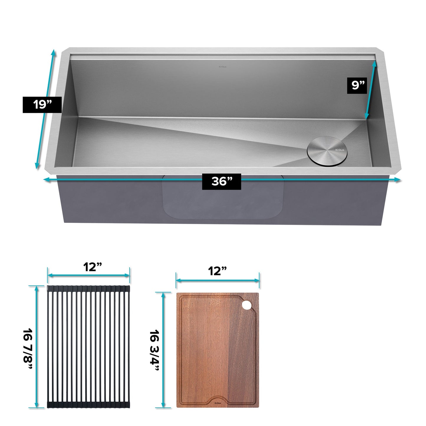 KRAUS Kore 36" Undermount Workstation 16 Gauge Stainless Steel Single Bowl Kitchen Sink with Accessories - KWU110-36
