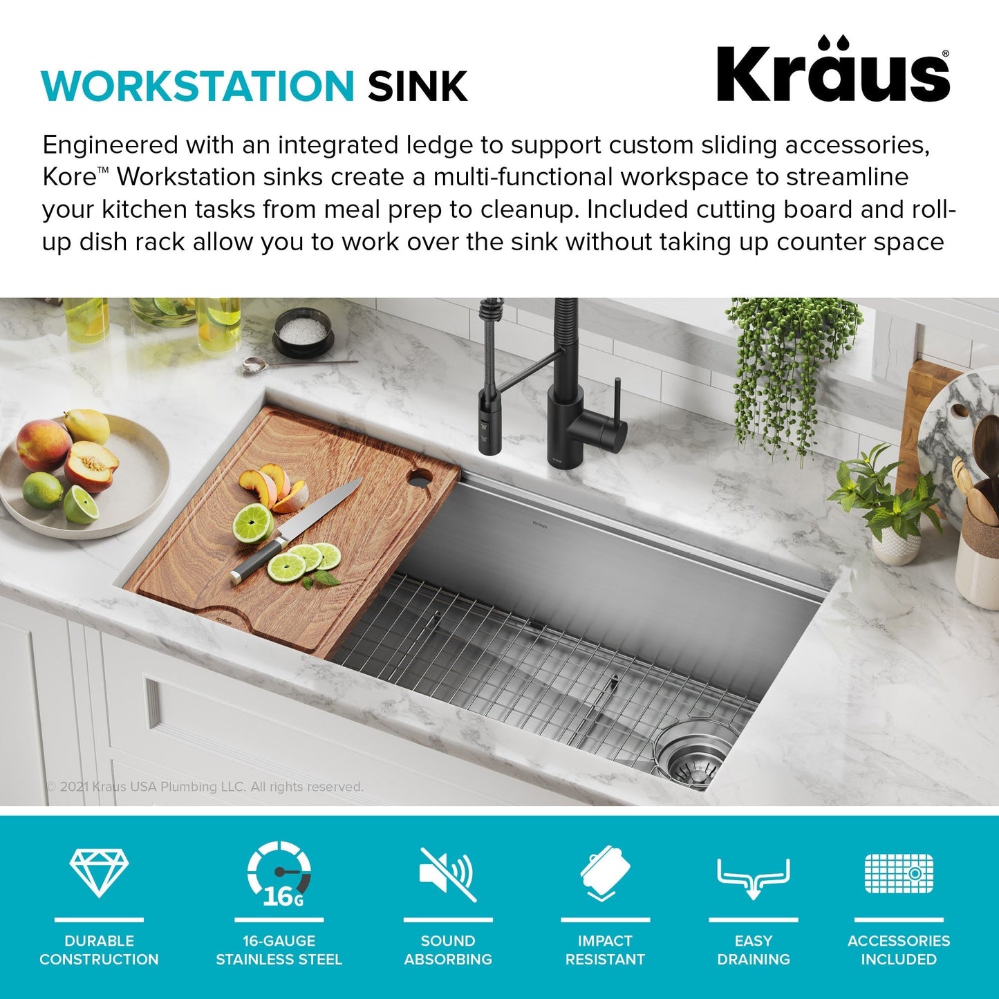 KRAUS Kore 36" Undermount Workstation 16 Gauge Stainless Steel Single Bowl Kitchen Sink with Accessories - KWU110-36