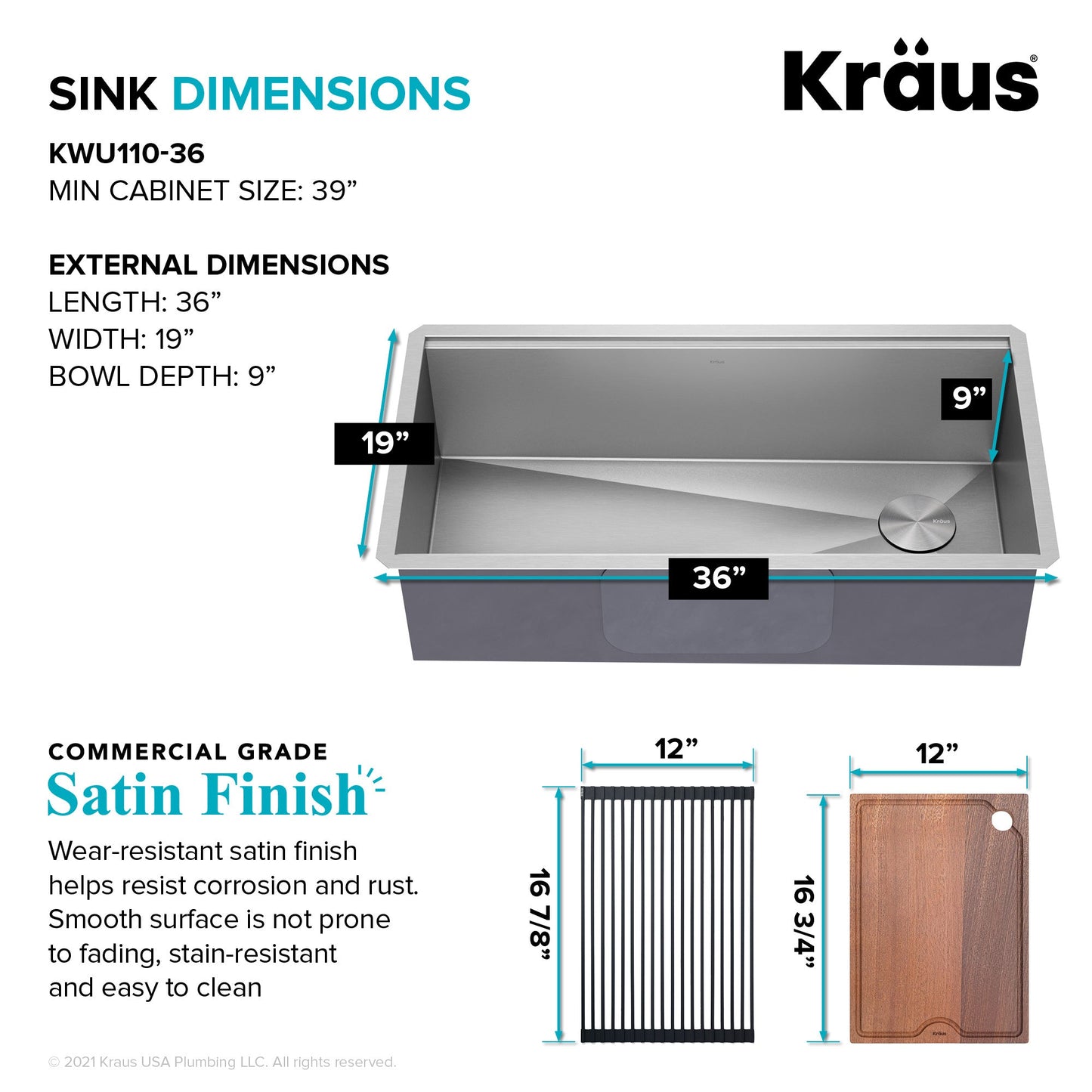 KRAUS Kore 36" Undermount Workstation 16 Gauge Stainless Steel Single Bowl Kitchen Sink with Accessories - KWU110-36