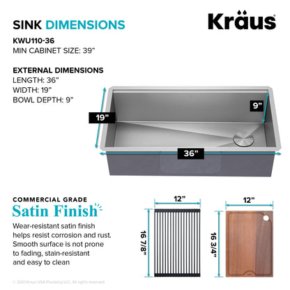 KRAUS Kore 36" Undermount Workstation 16 Gauge Stainless Steel Single Bowl Kitchen Sink with Accessories - KWU110-36