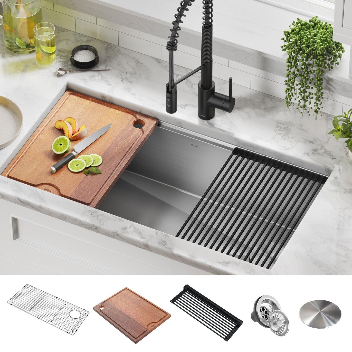KRAUS Kore 36" Undermount Workstation 16 Gauge Stainless Steel Single Bowl Kitchen Sink with Accessories - KWU110-36
