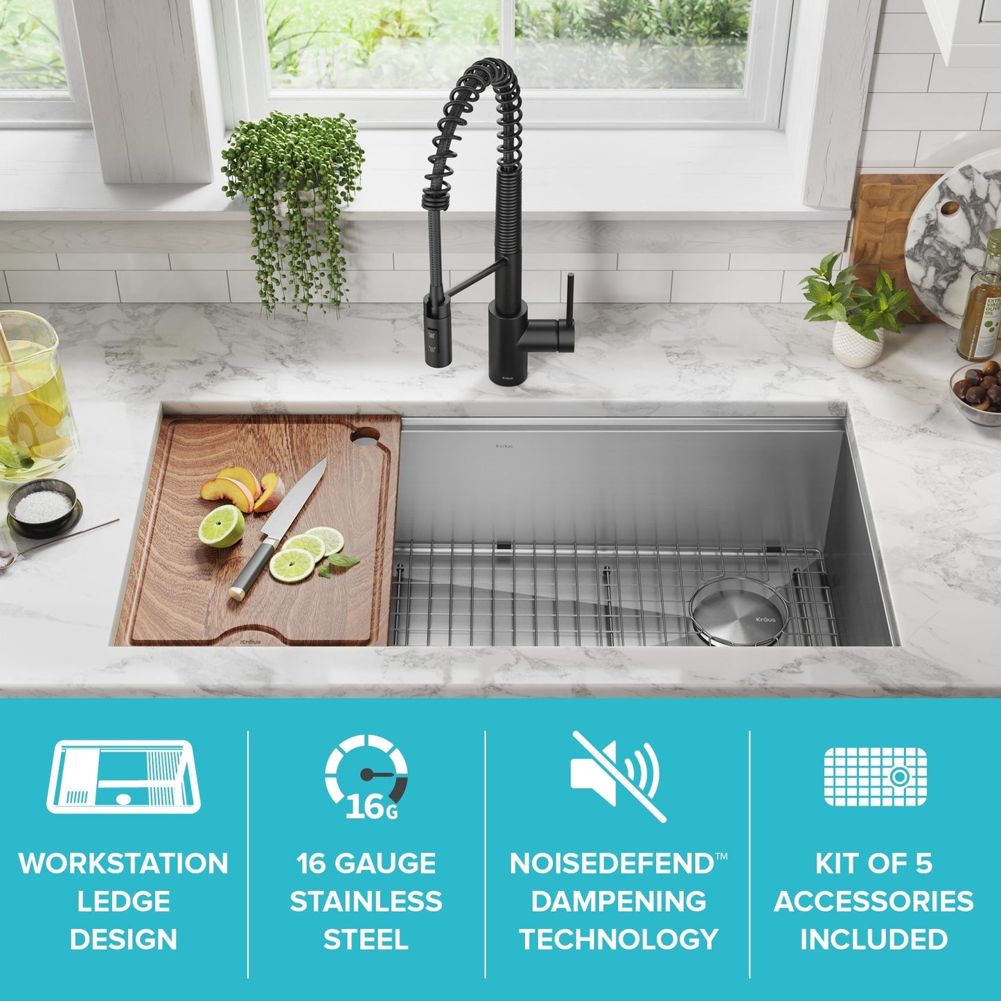 KRAUS Kore 36" Undermount Workstation 16 Gauge Stainless Steel Single Bowl Kitchen Sink with Accessories - KWU110-36