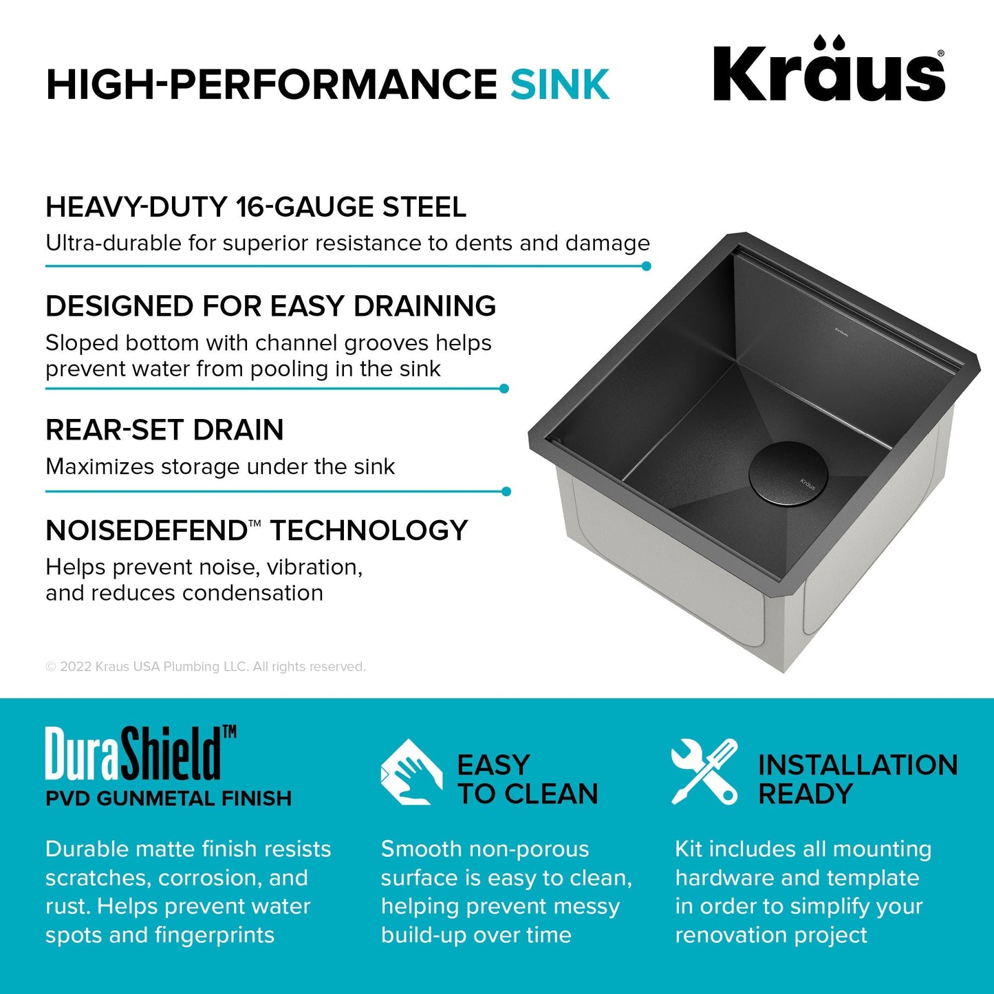 KRAUS Kore Workstation 17" Undermount 16 Gauge Bar or Prep Sink in PVD Gunmetal - KWU1101-17-PGM