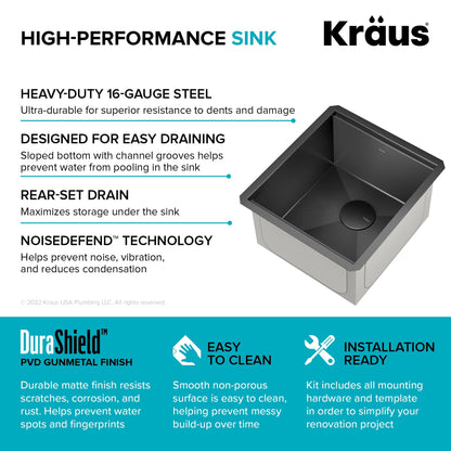 KRAUS Kore Workstation 17" Undermount 16 Gauge Bar or Prep Sink in PVD Gunmetal - KWU1101-17-PGM
