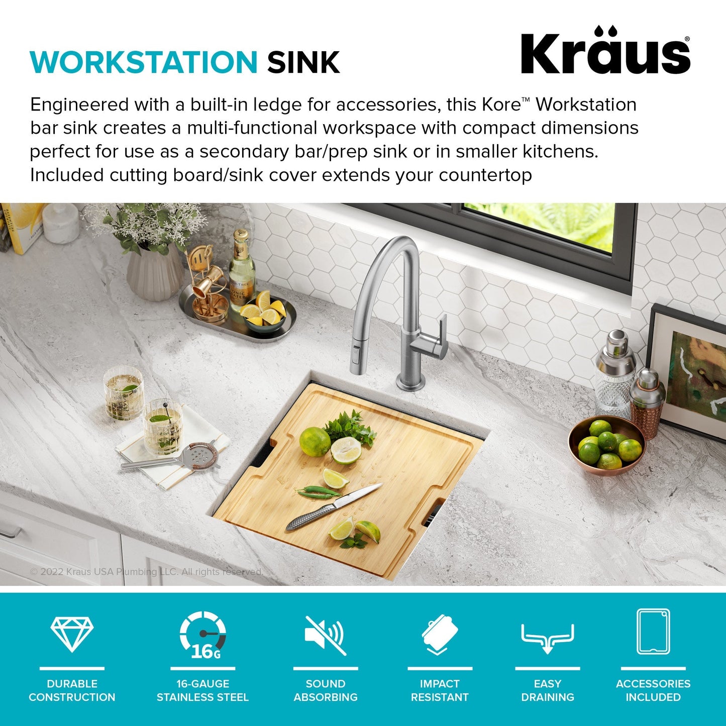 KRAUS Kore Workstation 17" Undermount 16 Gauge Bar or Prep Sink in PVD Gunmetal - KWU1101-17-PGM