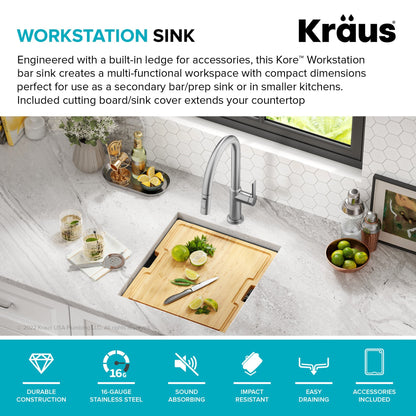 KRAUS Kore Workstation 17" Undermount 16 Gauge Bar or Prep Sink in PVD Gunmetal - KWU1101-17-PGM