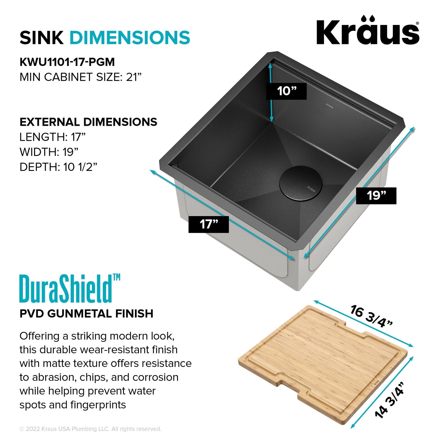 KRAUS Kore Workstation 17" Undermount 16 Gauge Bar or Prep Sink in PVD Gunmetal - KWU1101-17-PGM