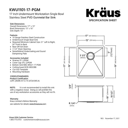 KRAUS Kore Workstation 17" Undermount 16 Gauge Bar or Prep Sink in PVD Gunmetal - KWU1101-17-PGM