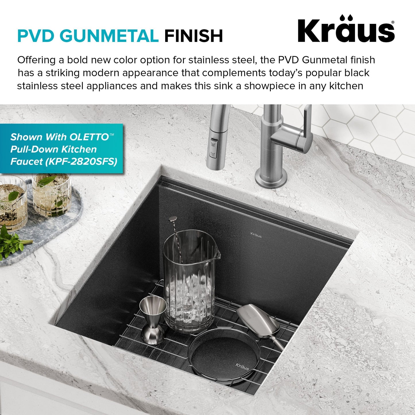 KRAUS Kore Workstation 17" Undermount 16 Gauge Bar or Prep Sink in PVD Gunmetal - KWU1101-17-PGM