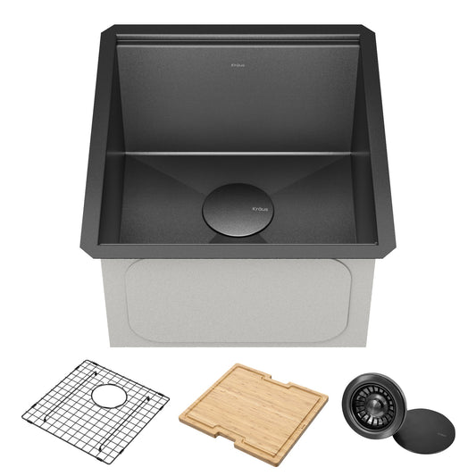 KRAUS Kore Workstation 17" Undermount 16 Gauge Bar or Prep Sink in PVD Gunmetal - KWU1101-17-PGM