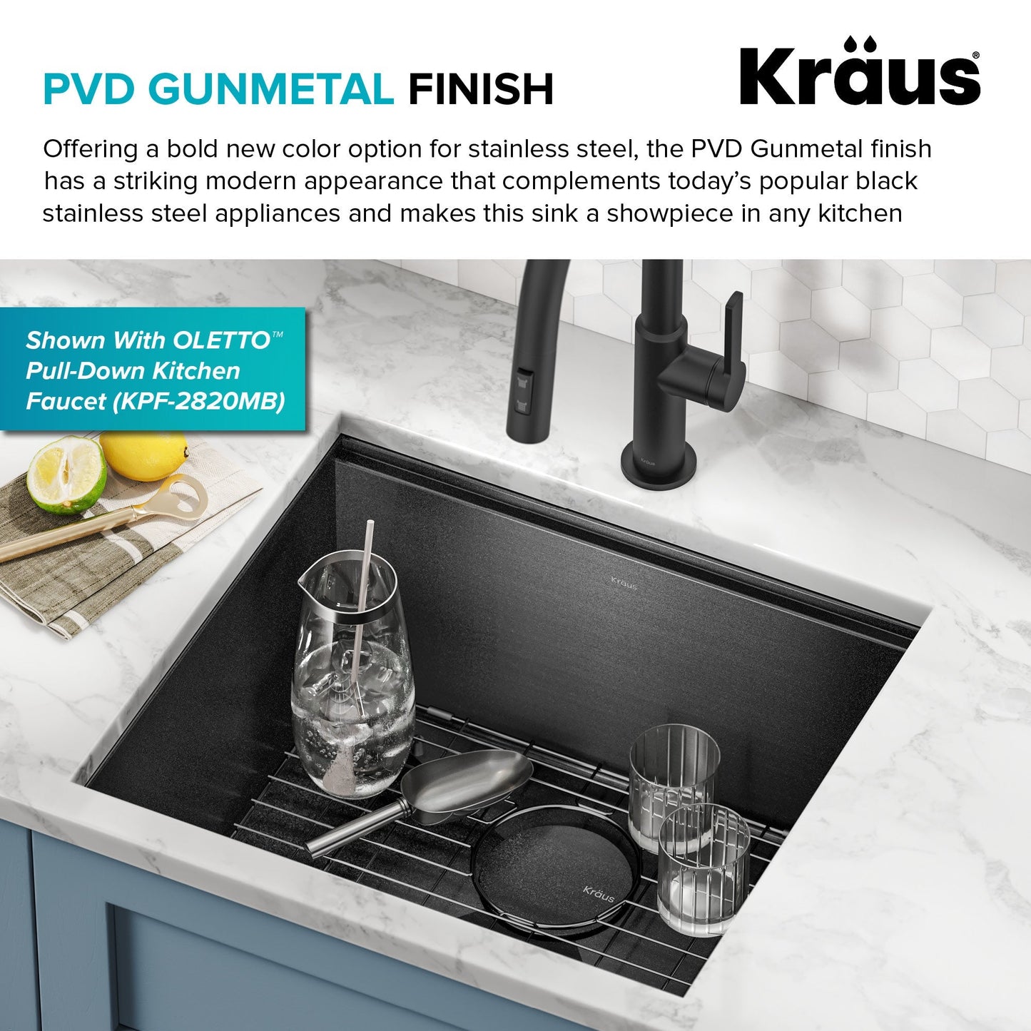 KRAUS Kore Workstation 21" Undermount 16 Gauge Bar or Kitchen Sink in PVD Gunmetal - KWU1101-21-PGM