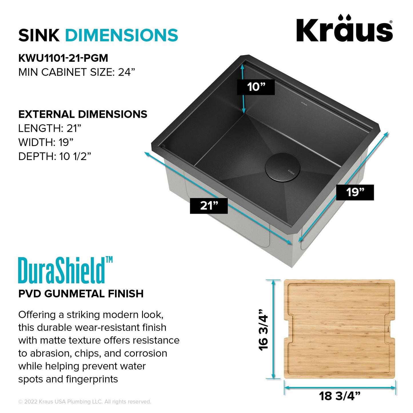 KRAUS Kore Workstation 21" Undermount 16 Gauge Bar or Kitchen Sink in PVD Gunmetal - KWU1101-21-PGM