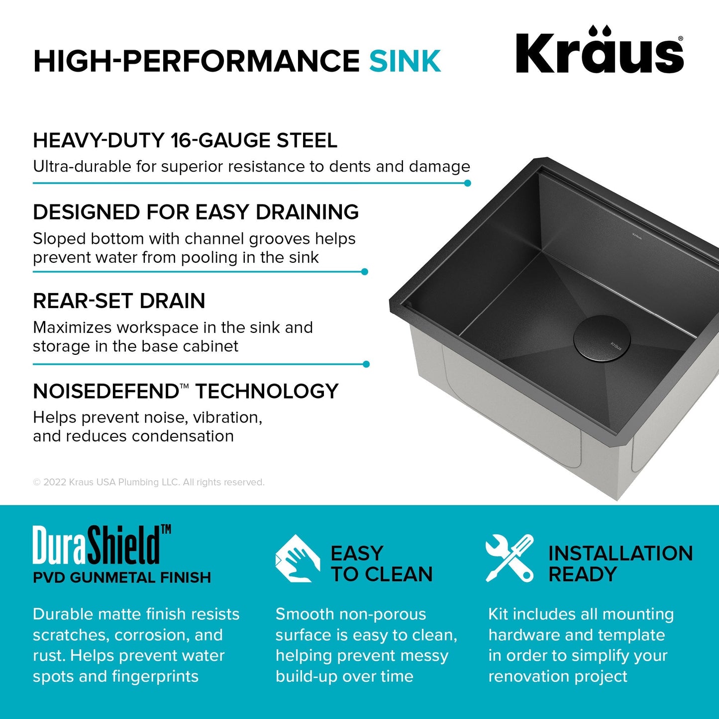 KRAUS Kore Workstation 21" Undermount 16 Gauge Bar or Kitchen Sink in PVD Gunmetal - KWU1101-21-PGM