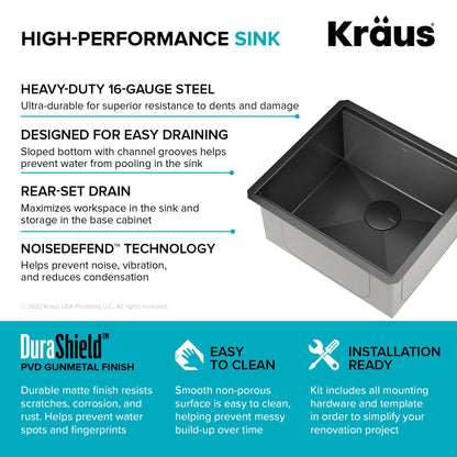 KRAUS Kore Workstation 21" Undermount 16 Gauge Bar or Kitchen Sink in PVD Gunmetal - KWU1101-21-PGM