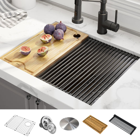 KRAUS Kore Workstation 23" Undermount 16 Gauge Single Bowl Stainless Steel Kitchen Sink with Accessories - KWU111-23