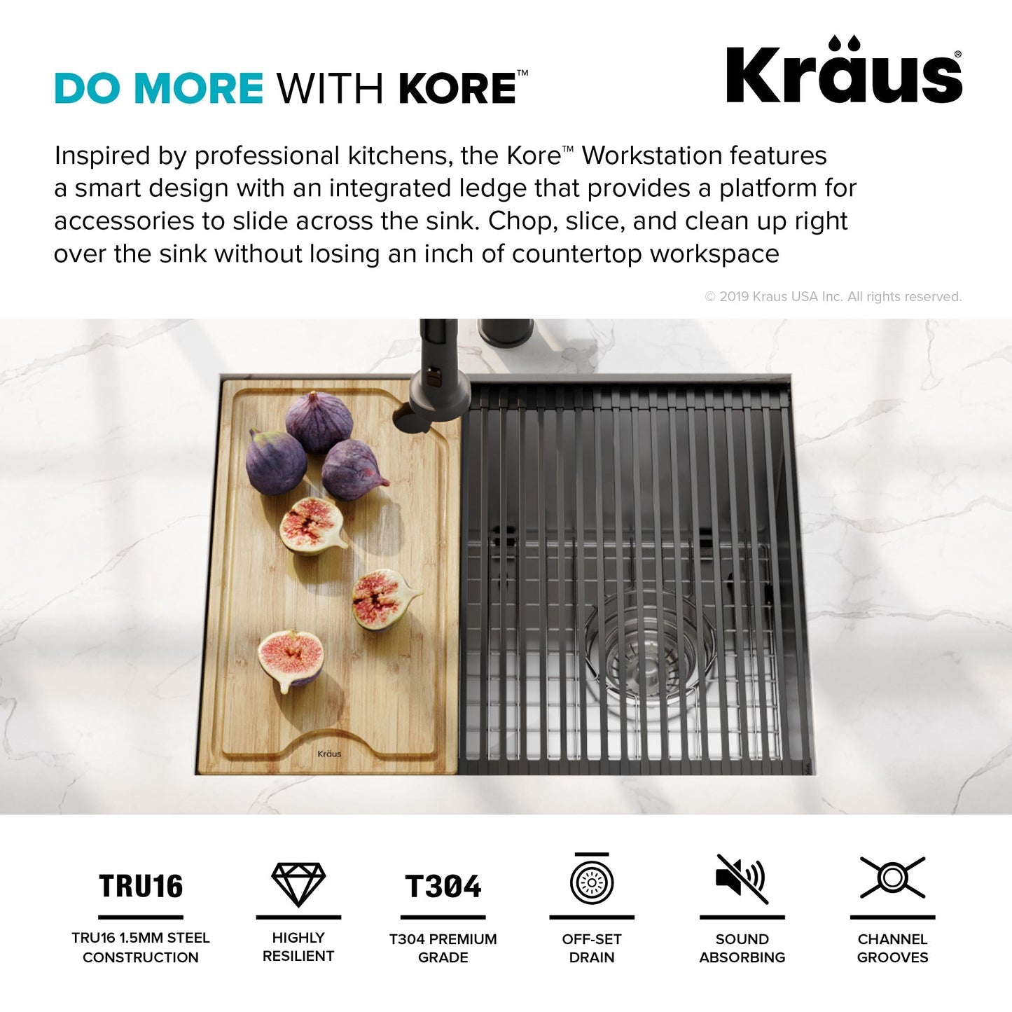 KRAUS Kore Workstation 23" Undermount 16 Gauge Single Bowl Stainless Steel Kitchen Sink with Accessories - KWU111-23
