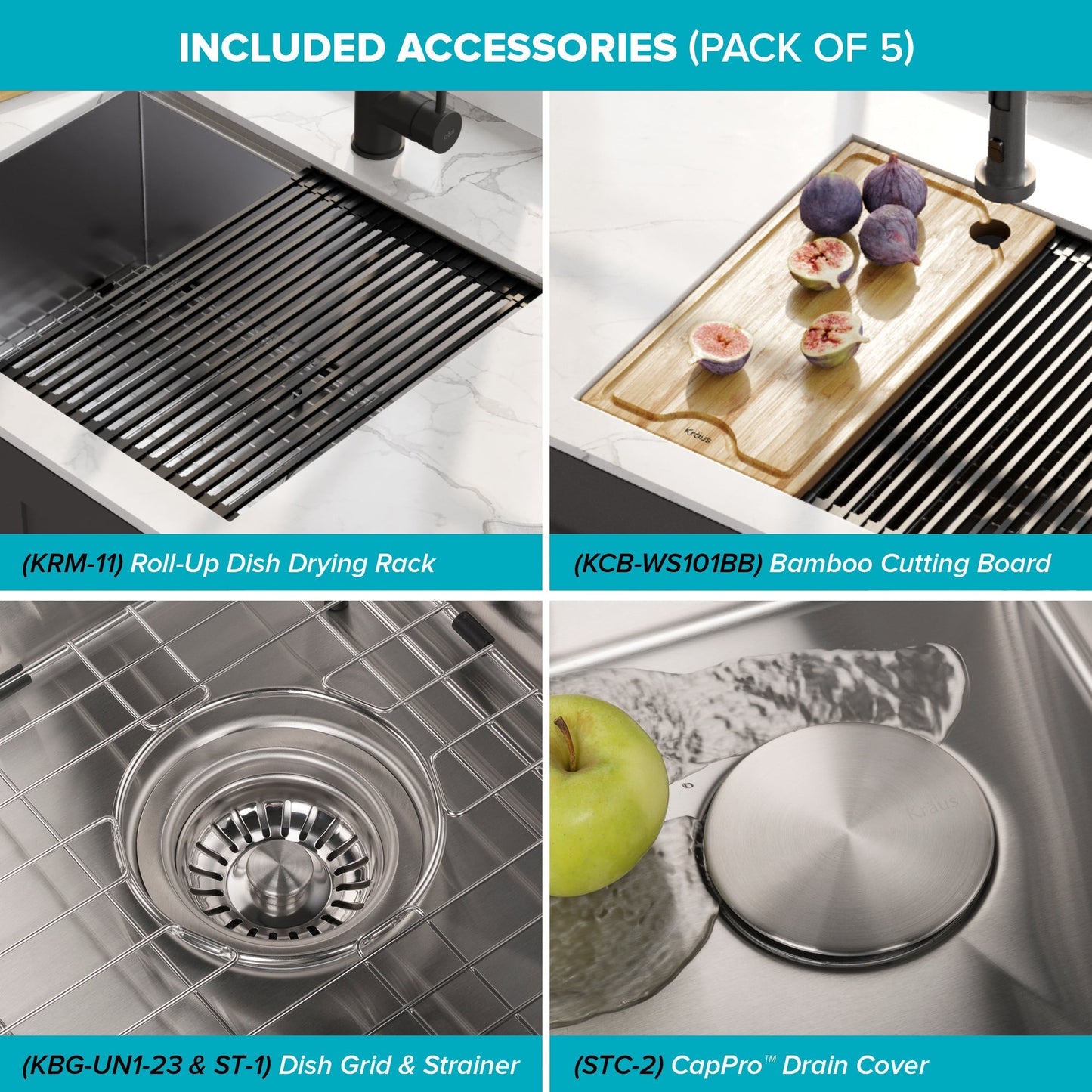 KRAUS Kore Workstation 23" Undermount 16 Gauge Single Bowl Stainless Steel Kitchen Sink with Accessories - KWU111-23