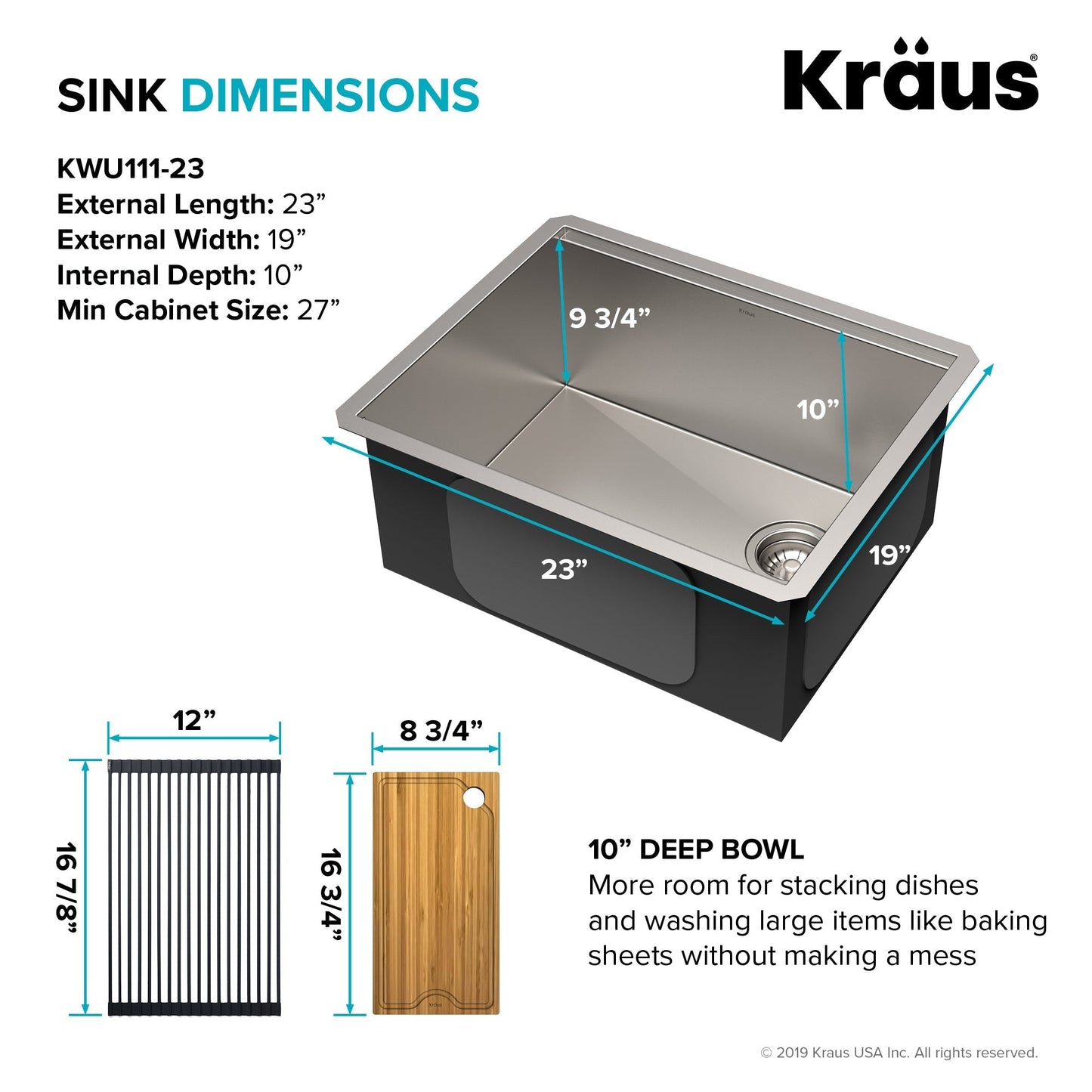 KRAUS Kore Workstation 23" Undermount 16 Gauge Single Bowl Stainless Steel Kitchen Sink with Accessories - KWU111-23