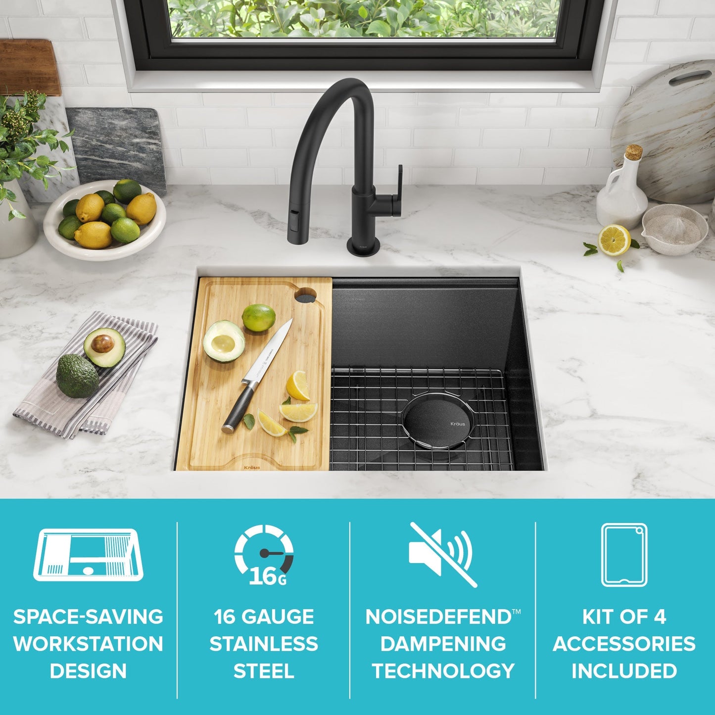 KRAUS Kore Workstation 23" Undermount Kitchen Sink in 16 Gauge PVD Gunmetal - KWU1111-23-PGM