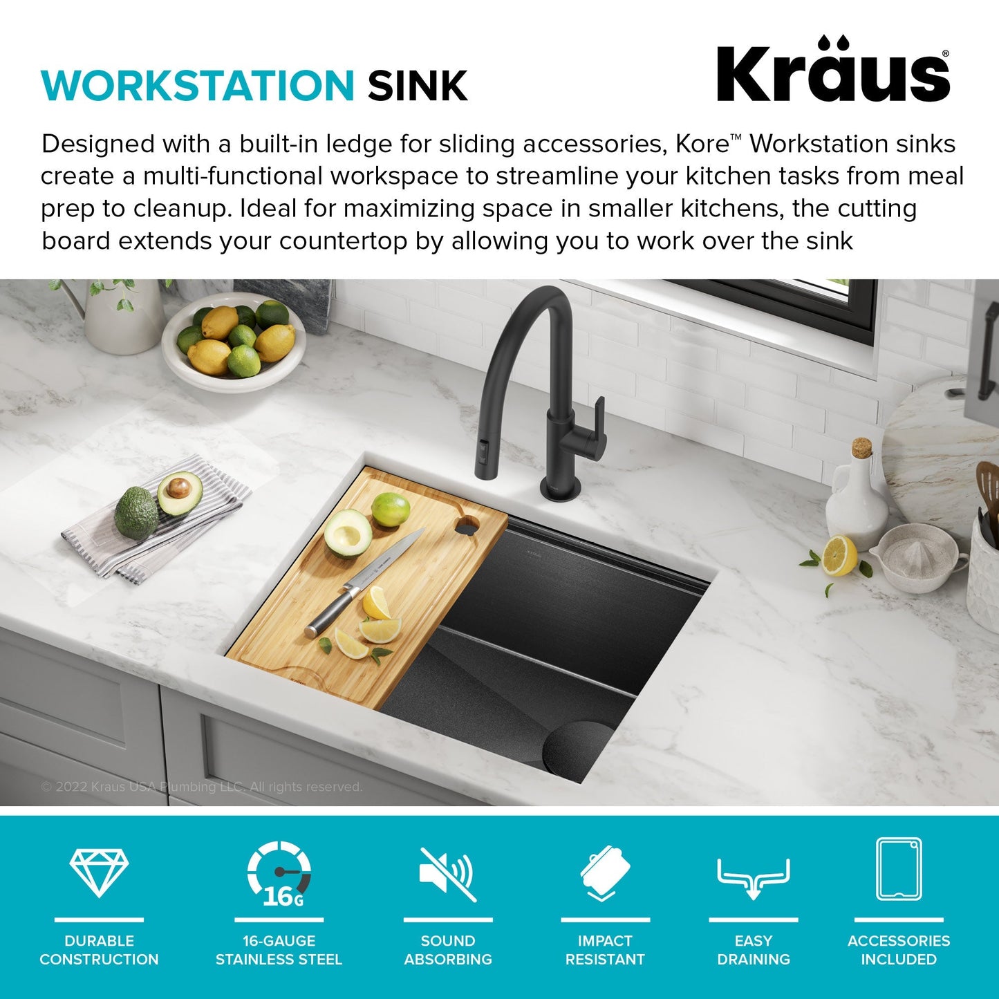KRAUS Kore Workstation 23" Undermount Kitchen Sink in 16 Gauge PVD Gunmetal - KWU1111-23-PGM