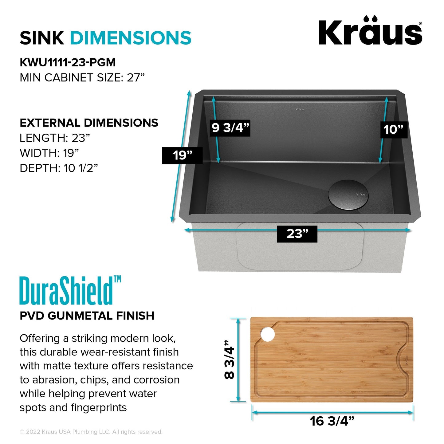 KRAUS Kore Workstation 23" Undermount Kitchen Sink in 16 Gauge PVD Gunmetal - KWU1111-23-PGM