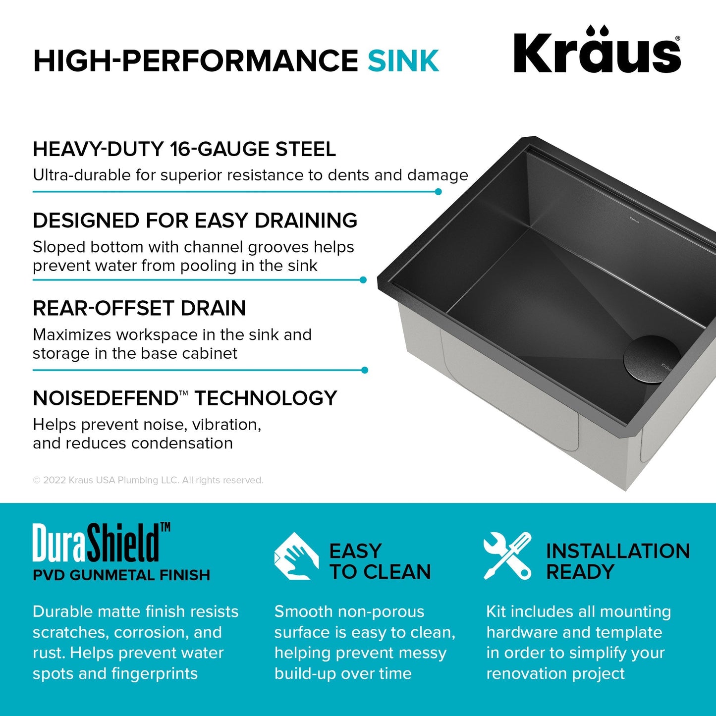 KRAUS Kore Workstation 23" Undermount Kitchen Sink in 16 Gauge PVD Gunmetal - KWU1111-23-PGM