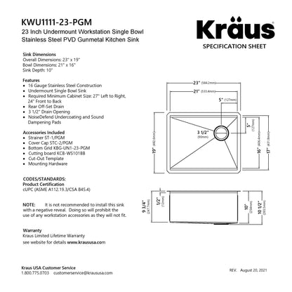 KRAUS Kore Workstation 23" Undermount Kitchen Sink in 16 Gauge PVD Gunmetal - KWU1111-23-PGM