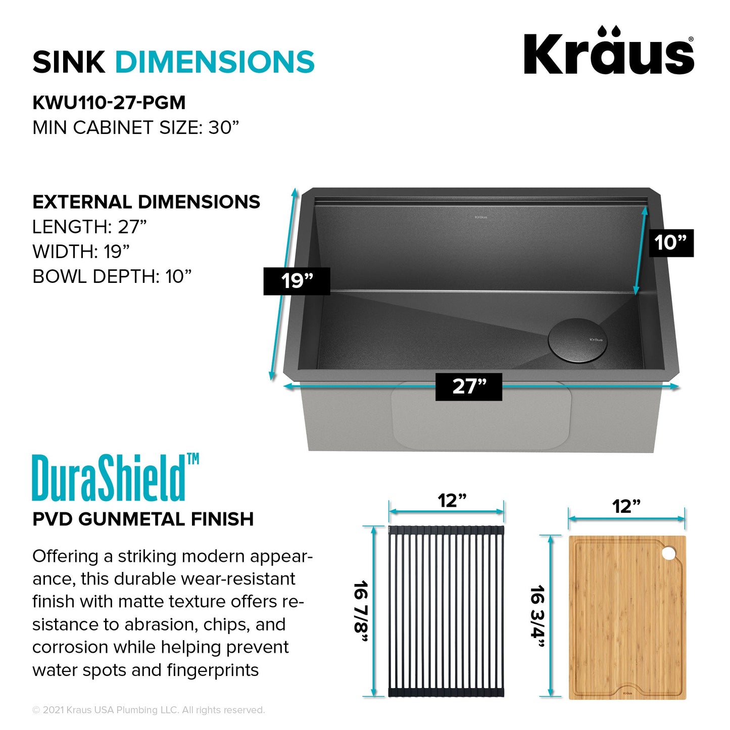KRAUS Kore Workstation 27" Undermount 16 Gauge Single Bowl Kitchen Sink in PVD Gunmetal - KWU110-27-PGM