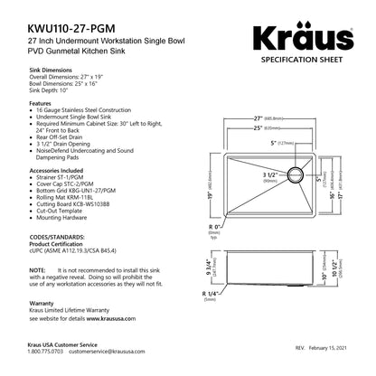 KRAUS Kore Workstation 27" Undermount 16 Gauge Single Bowl Kitchen Sink in PVD Gunmetal - KWU110-27-PGM