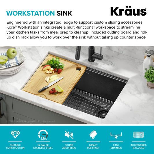 KRAUS Kore Workstation 27" Undermount 16 Gauge Single Bowl Kitchen Sink in PVD Gunmetal - KWU110-27-PGM