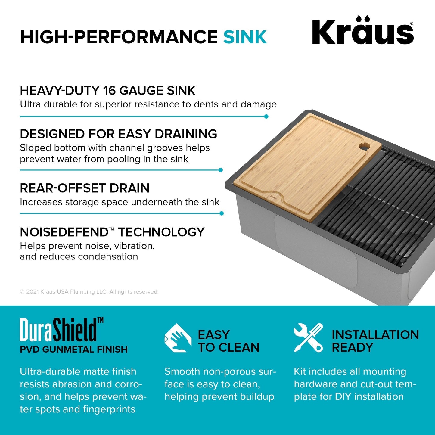 KRAUS Kore Workstation 27" Undermount 16 Gauge Single Bowl Kitchen Sink in PVD Gunmetal - KWU110-27-PGM