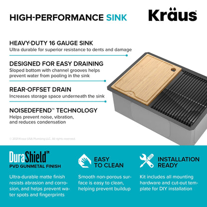 KRAUS Kore Workstation 27" Undermount 16 Gauge Single Bowl Kitchen Sink in PVD Gunmetal - KWU110-27-PGM