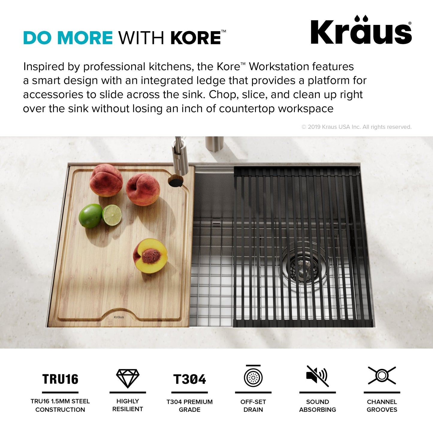 KRAUS Kore Workstation 27" Undermount 16 Gauge Single Bowl Stainless Steel Kitchen Sink with Accessories - KWU110-27