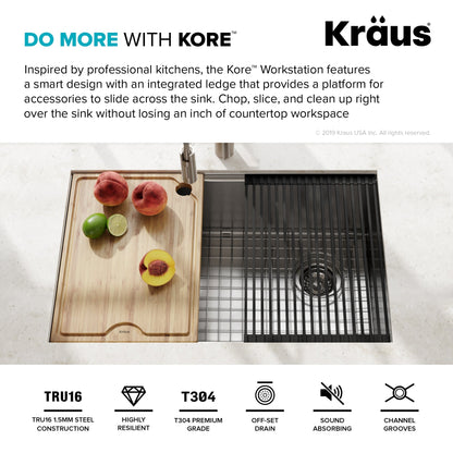 KRAUS Kore Workstation 27" Undermount 16 Gauge Single Bowl Stainless Steel Kitchen Sink with Accessories - KWU110-27
