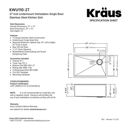 KRAUS Kore Workstation 27" Undermount 16 Gauge Single Bowl Stainless Steel Kitchen Sink with Accessories - KWU110-27