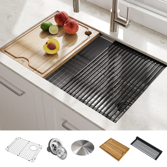 KRAUS Kore Workstation 27" Undermount 16 Gauge Single Bowl Stainless Steel Kitchen Sink with Accessories - KWU110-27