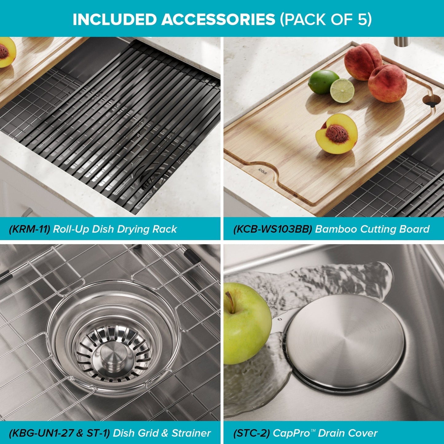 KRAUS Kore Workstation 27" Undermount 16 Gauge Single Bowl Stainless Steel Kitchen Sink with Accessories - KWU110-27