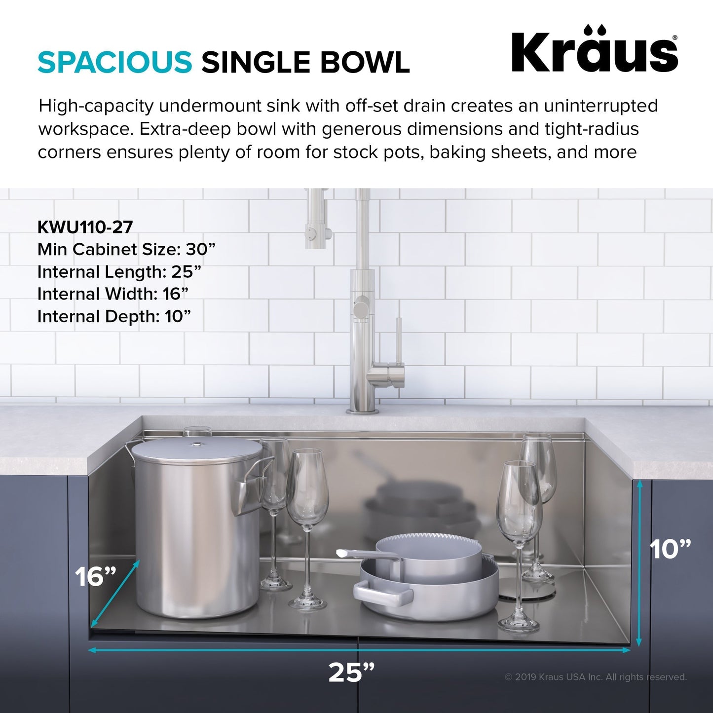 KRAUS Kore Workstation 27" Undermount 16 Gauge Single Bowl Stainless Steel Kitchen Sink with Accessories - KWU110-27