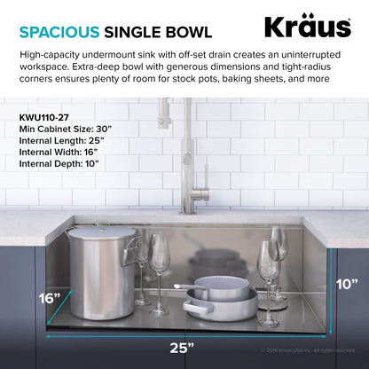 KRAUS Kore Workstation 27" Undermount 16 Gauge Single Bowl Stainless Steel Kitchen Sink with Accessories - KWU110-27