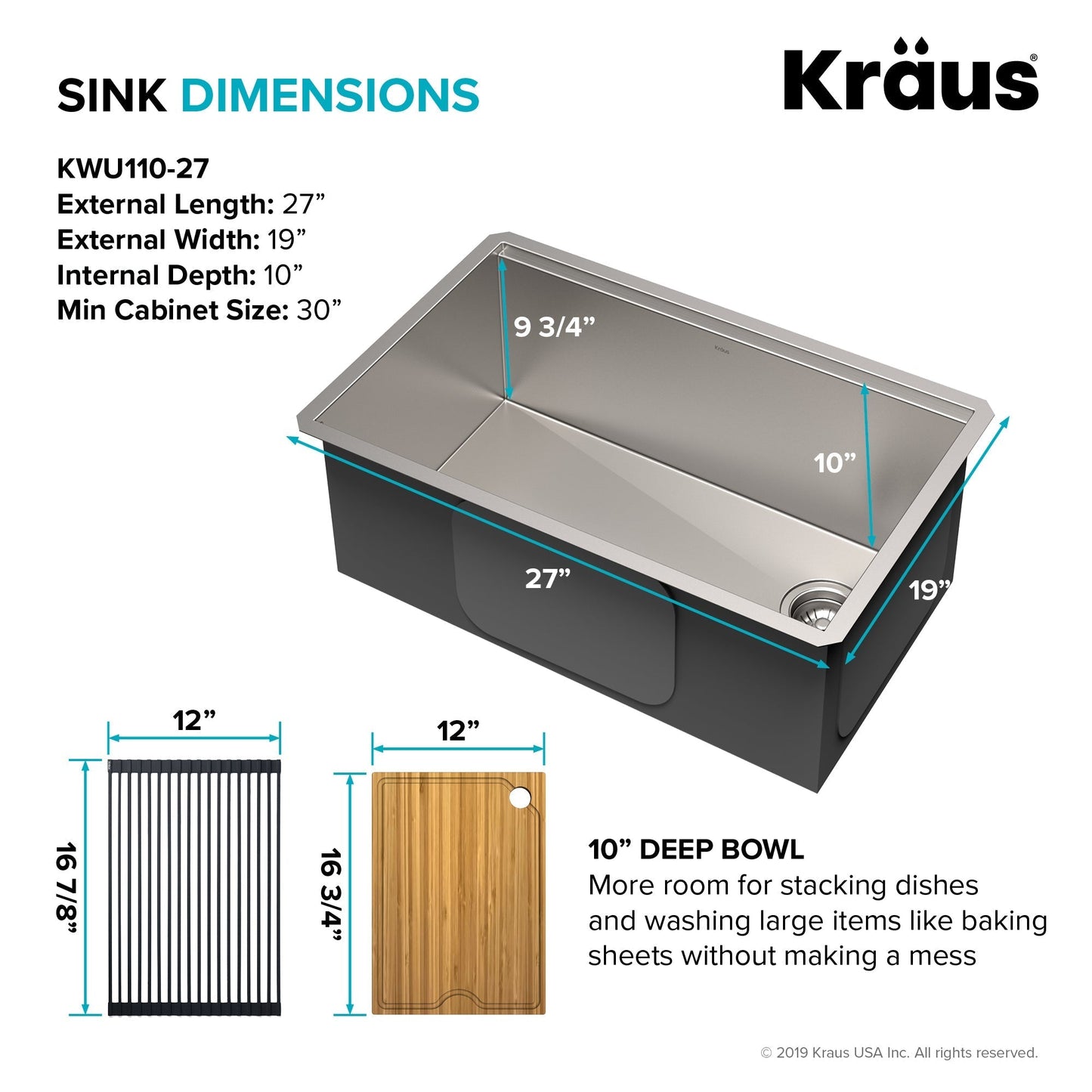 KRAUS Kore Workstation 27" Undermount 16 Gauge Single Bowl Stainless Steel Kitchen Sink with Accessories - KWU110-27