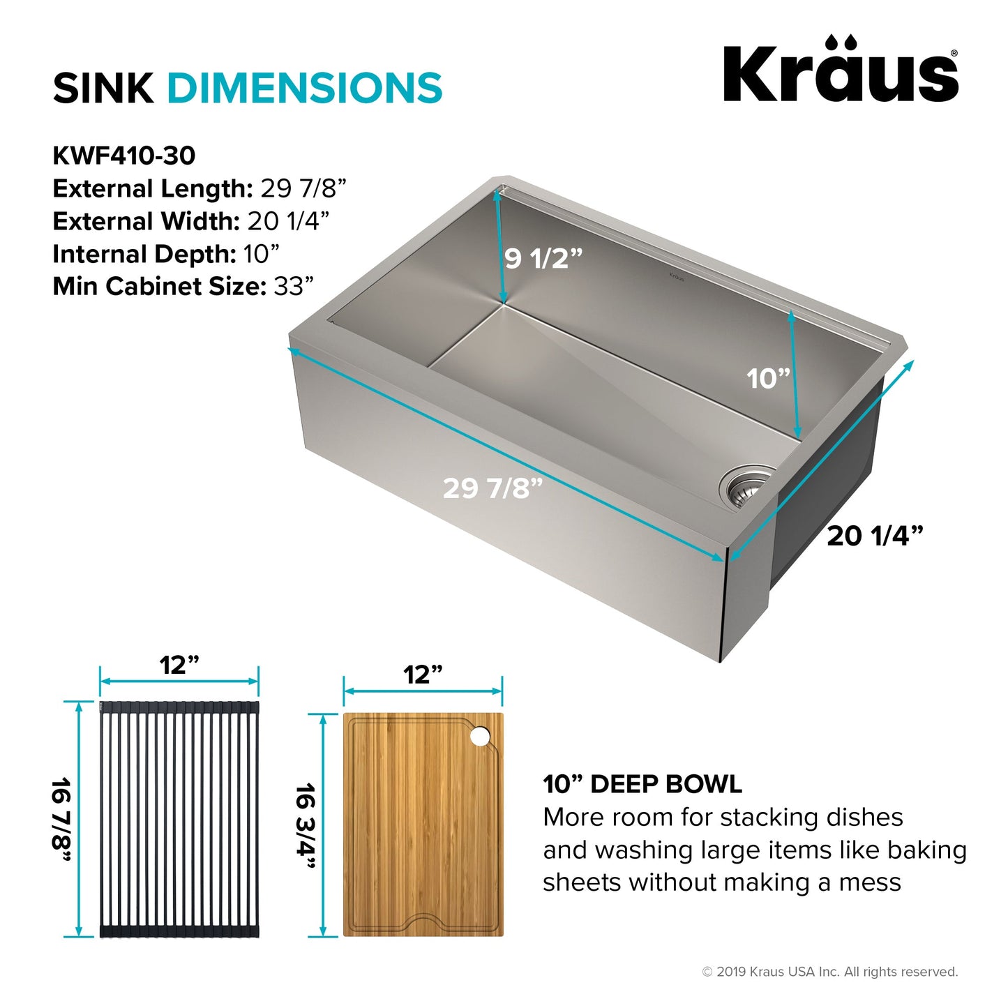 KRAUS Kore Workstation 30" Farmhouse Flat Apron Front 16 Gauge Single Bowl Stainless Steel Kitchen Sink - KWF410-30